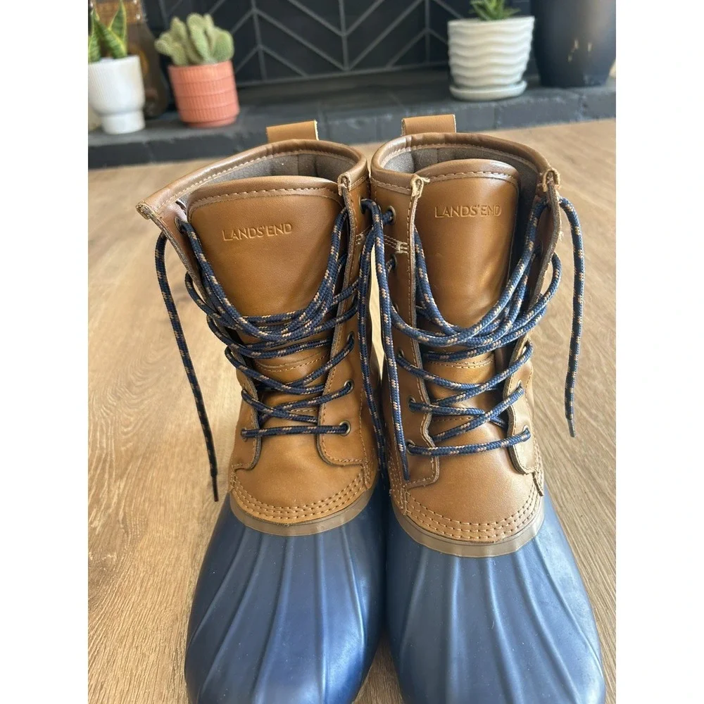Lands' End Insulated Flannel Lined Duck Boots Brown Blue Size 9B